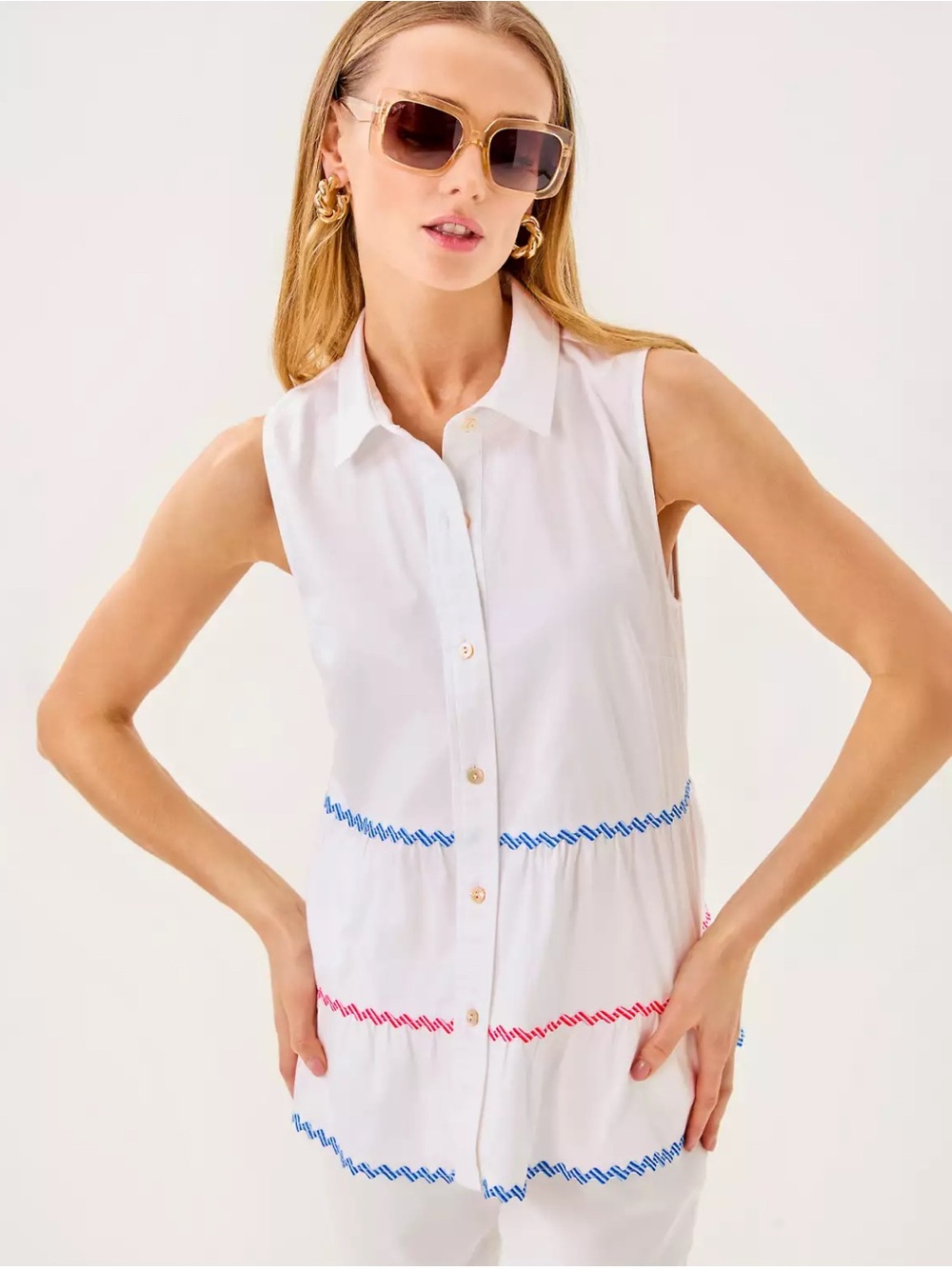 NWT Lilly Pulitzer White Sleeveless Button-Front Top w/ Blue & Pink Zigzag Trim